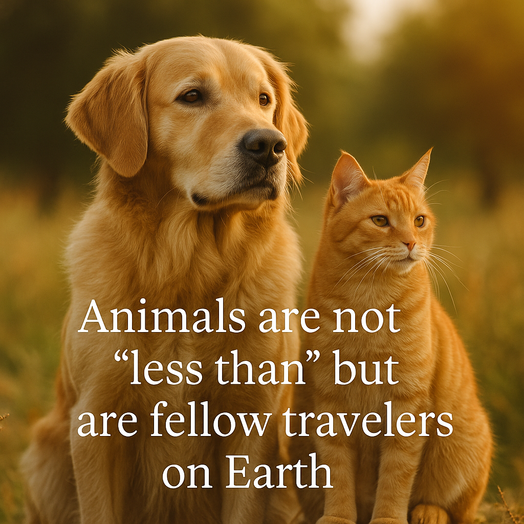 Golden retriever & orange tabby cat seated next to each other outside